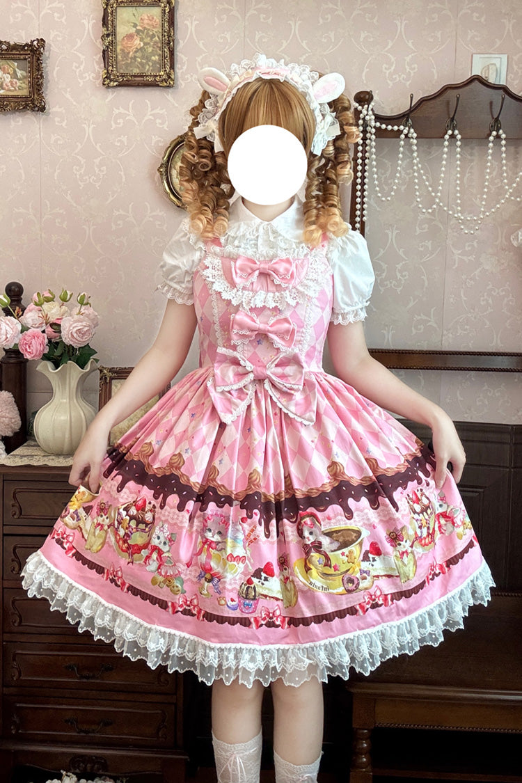 Sleeveless Lace Bow Print Sweet JSK Dress in 3 Colors - Cream Meow
