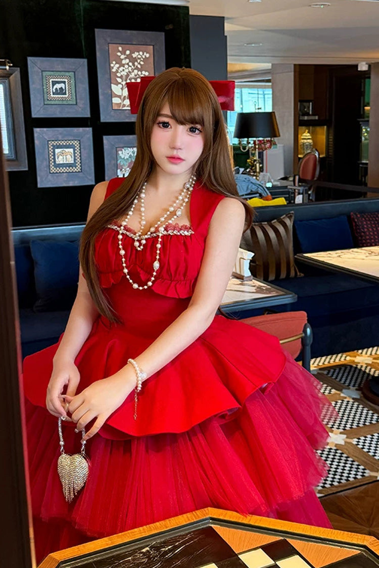 Crimson Romantic Rose Square Neck Sleeveless Ruffled Classic Ballet Lolita Gown