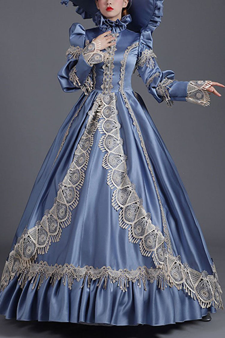 Blue Victorian Ruffled Dress with High Collar and Floral Embroidery - Altfashion Shop