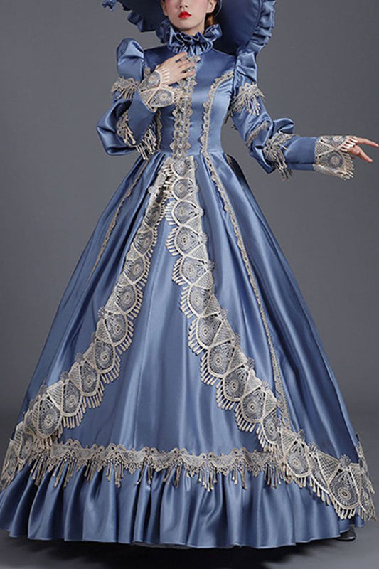 Blue Victorian Ruffled Dress with High Collar and Floral Embroidery - Altfashion Shop