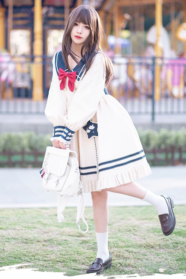 Navy Sweet Lolita Dress with Bowknot Ruffled Long Sleeves