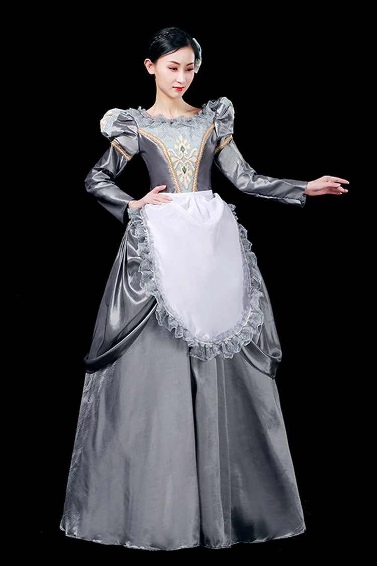 Gray Floral Print Victorian Gown with Boat Neck - Long Sleeves