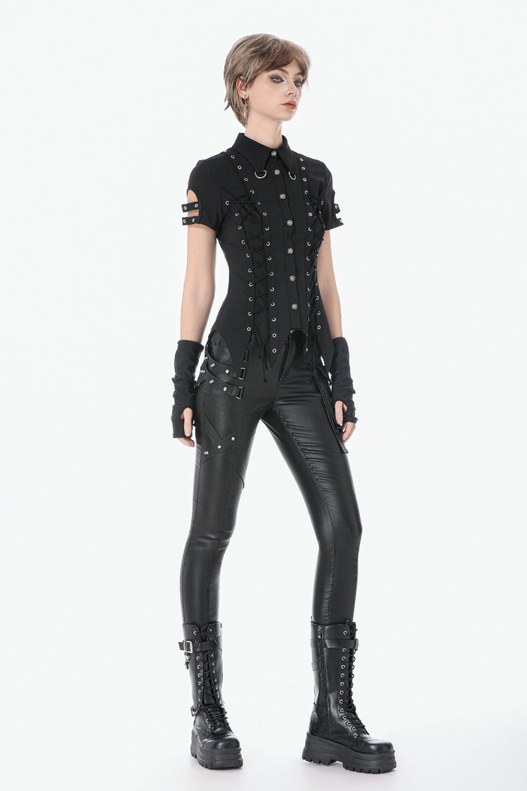 Punk Blouse with Turn-Down Collar and Lace-Up Eyelets