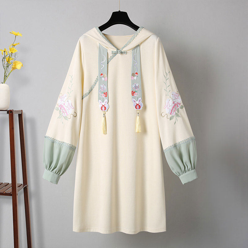 Vintage Floral Embroidery Fringed Hoodie Dress