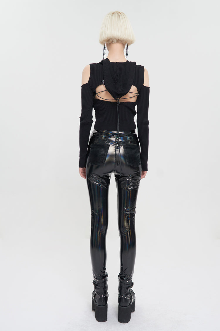Women's Punk Wool Knit Long Sleeve Sweater with Hooded Off-The-Shoulder Back Cutout Rope String Upside Down Pentagram