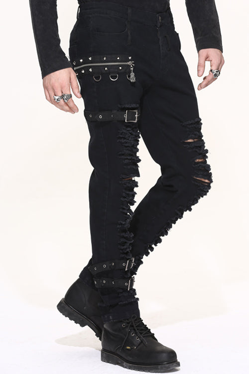 Midnight Metallic Grommet Belted Punk Trousers for Men