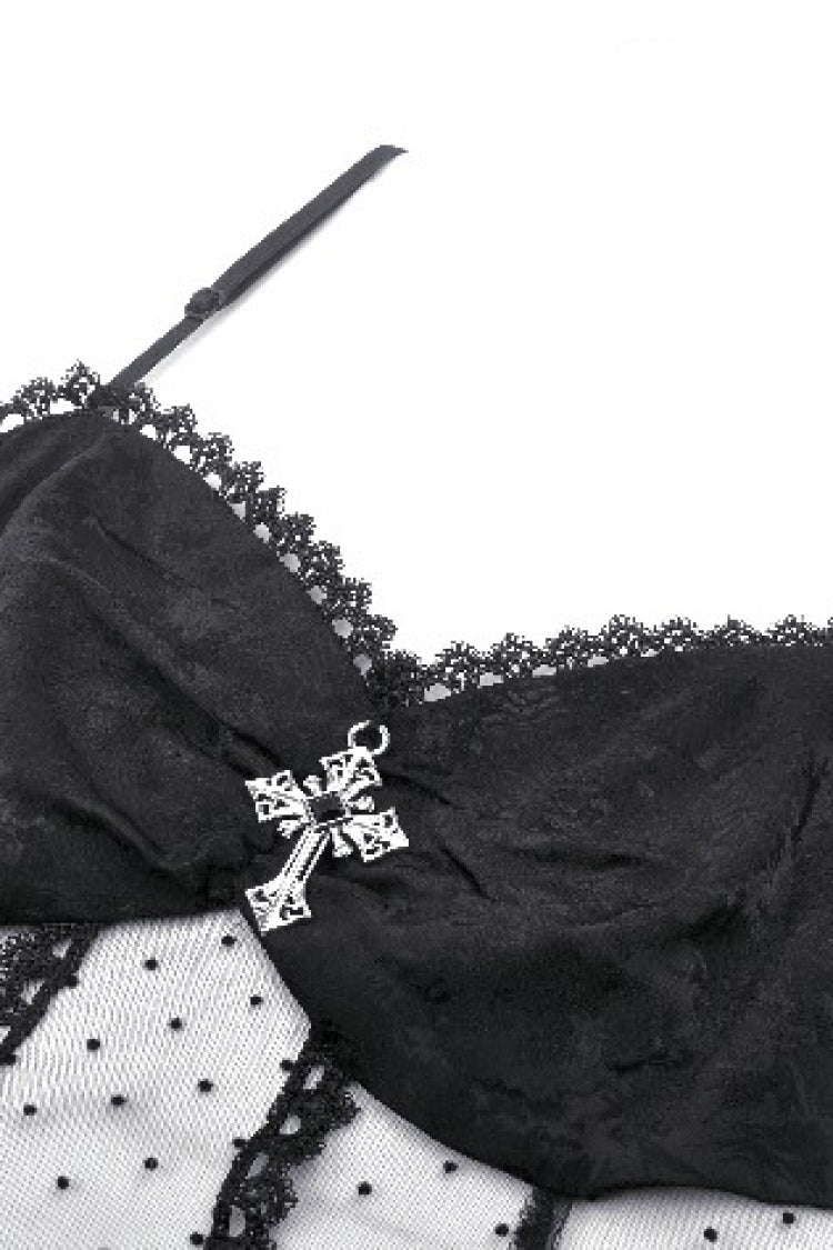Obsidian Double-Layered Lace Ruffle Top with Spaghetti Straps - Gothic Sheer