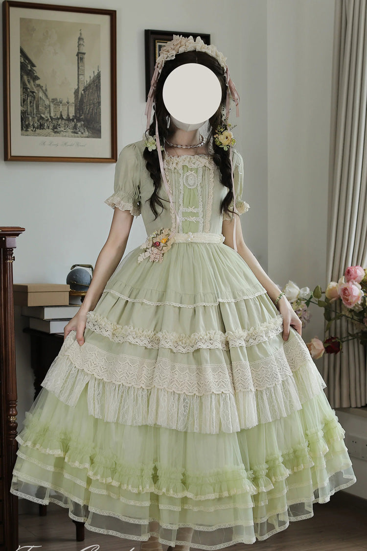 Vintage Ball Square Collar Lace Pearl Sweet Dress in Muscat Green