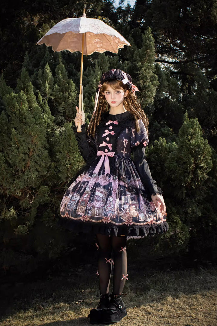 Ruffled Lace Dress with Bowknot and Missing Lamb Print