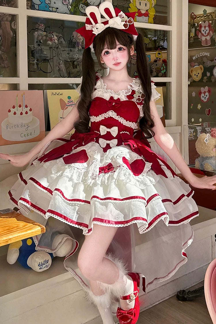 Red [Velvet Rabbit] Sleeveless Multi-Layered Ruffled Bow Sweet Lolita Jsk Dress Set