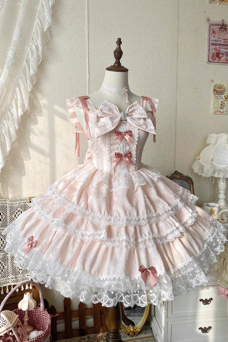 Rose Mist Cherry Multi-Layer Bow Lace Lolita Jumper - Sweet Mist Cherry Romance