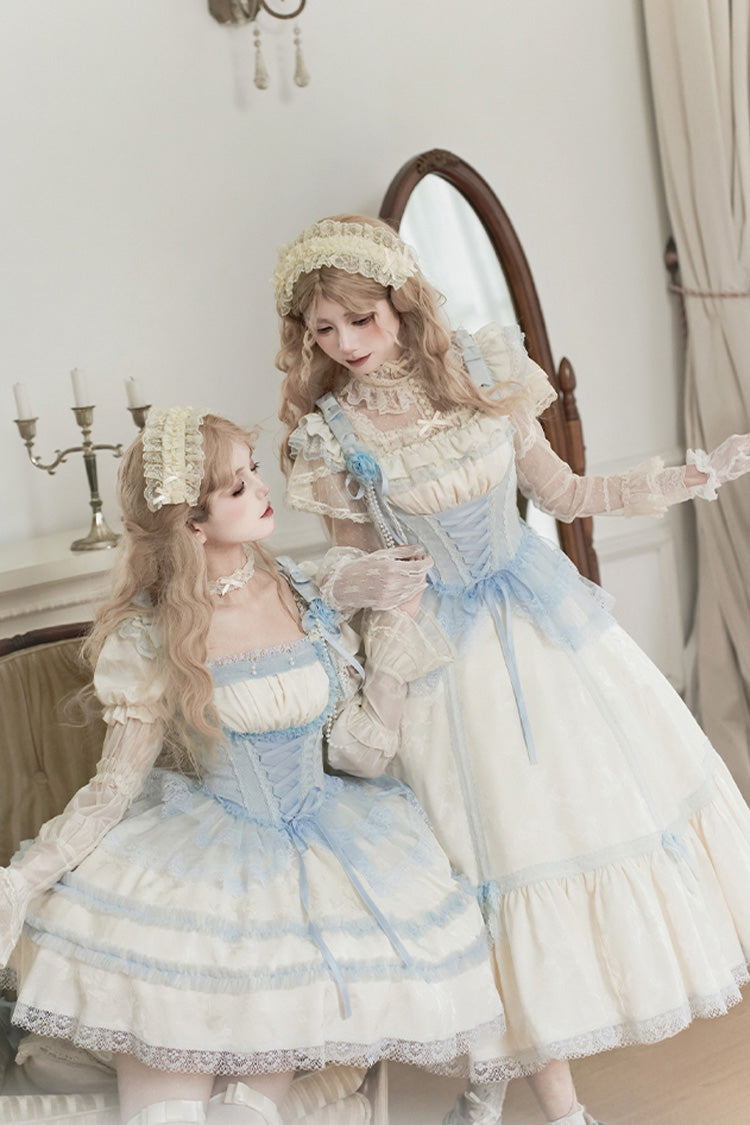 Ivory Square Collar Flutter Sleeve Ruffle Fishbone Sweet Long Jumper - Sea Salt Iced Tea