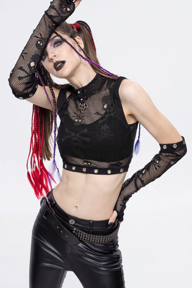 Gothic Cotton Knit Two-Piece Look High Collar Skull Mesh Mini Vest