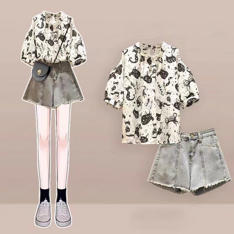 Kitty Print Cold Shouder Chiffon Shirt Casual Denim Shorts