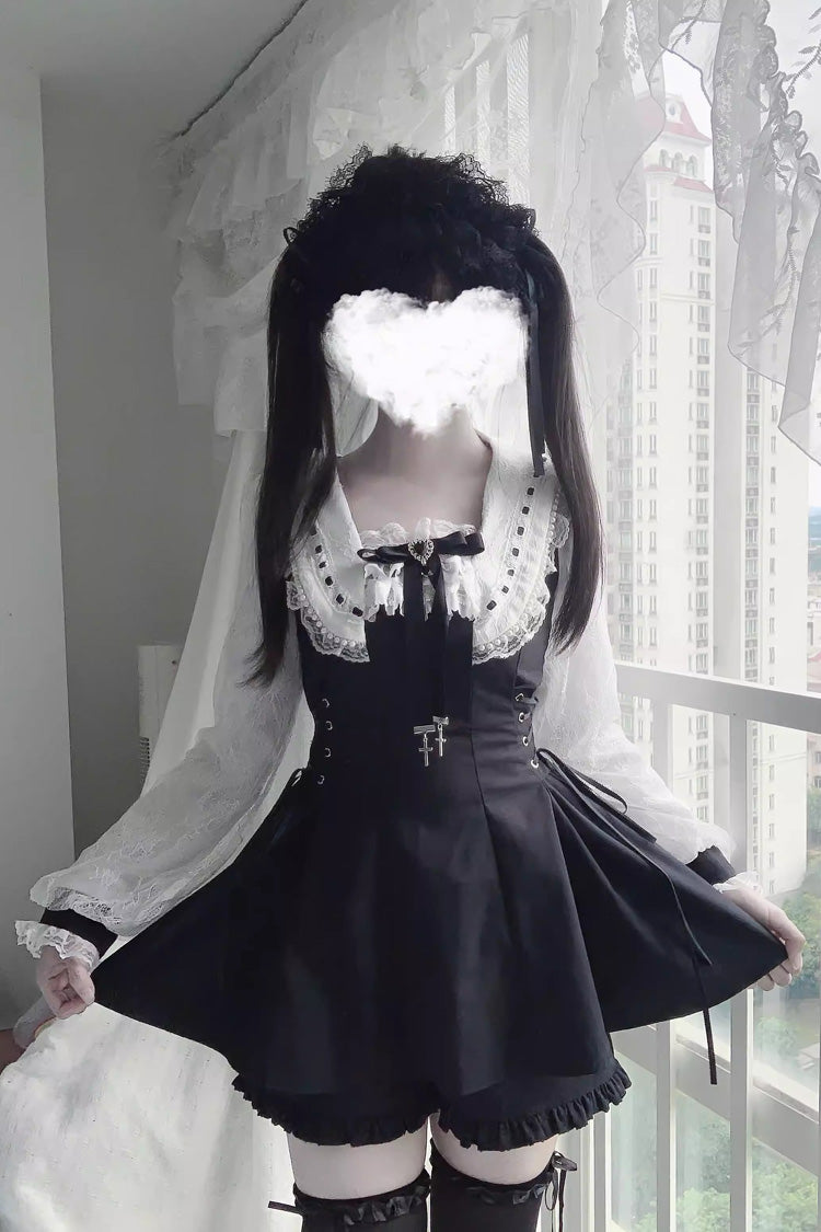 Square Collar Long Sleeves Printed Bow Lace Pearl-Decorated Gothic Japanese Dress Shorts