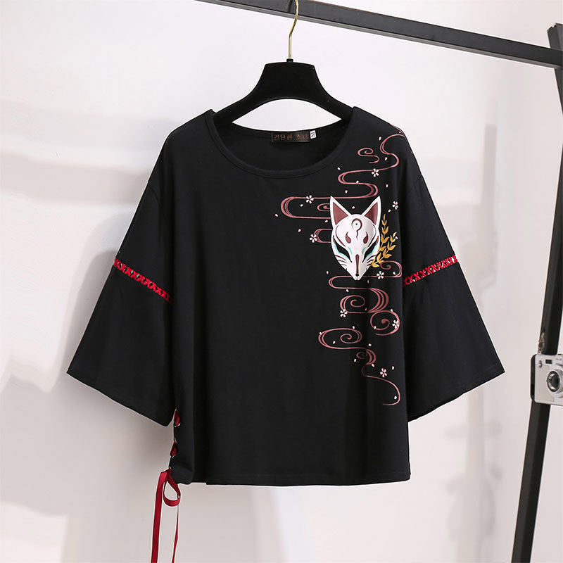 Black Sakura Fox Print Lace Up T-Shirt Wide Leg Pants