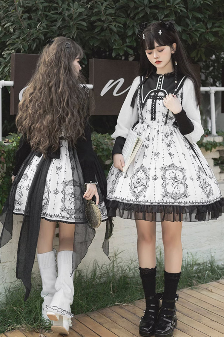 Monochrome Lace Butterfly Print Gothic Lolita One-Piece Dress