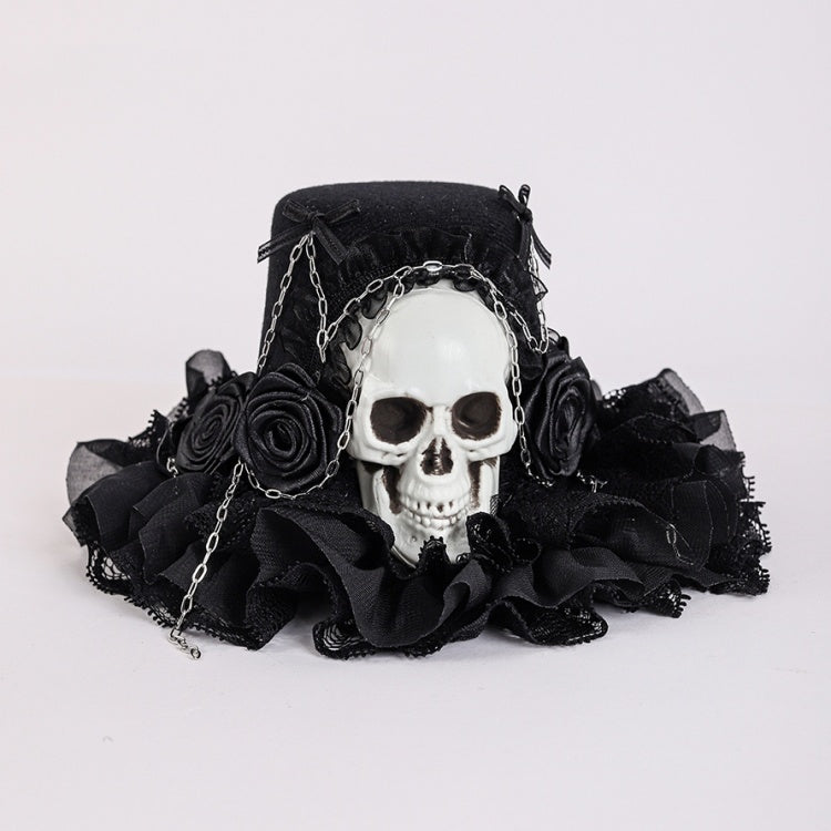 Black Floral Skeleton Design Halloween Hat with Chains