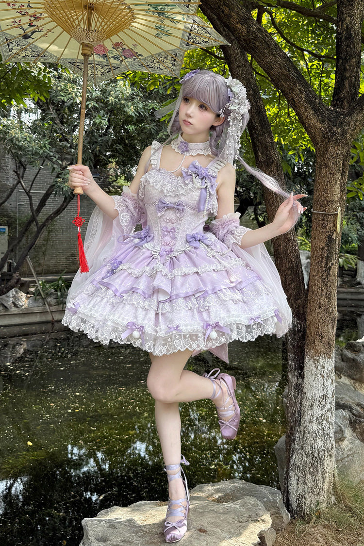 Purple [Prelude of Spring Cherry] Square Collar Sleeveless Multi-Layered Jacquard Ruffled Bow Lace Pearl-Decorated Sweet Lolita Jsk Dress