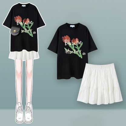 Tulip Cherry Blossom Print T-Shirt Pleated Skirt Set