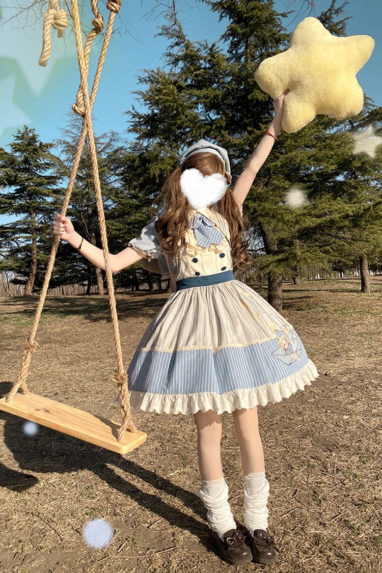 Navy Star-Print Ruffle Sleeveless Bowknot Sweet Lolita Dress
