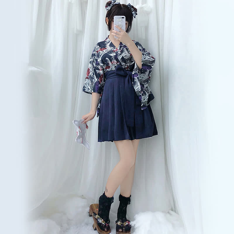 Vintage Kimono Top Pleated Skirt Set