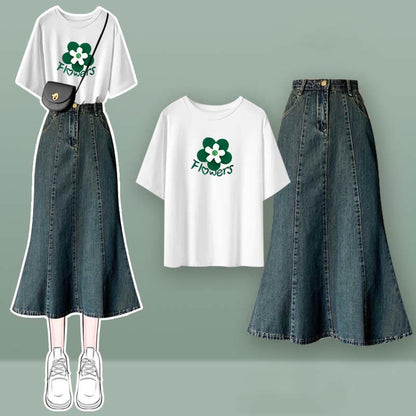 Bow Knot Butterfly Tulle Crop Top T-Shirt Fishtail Denim Skirt Set