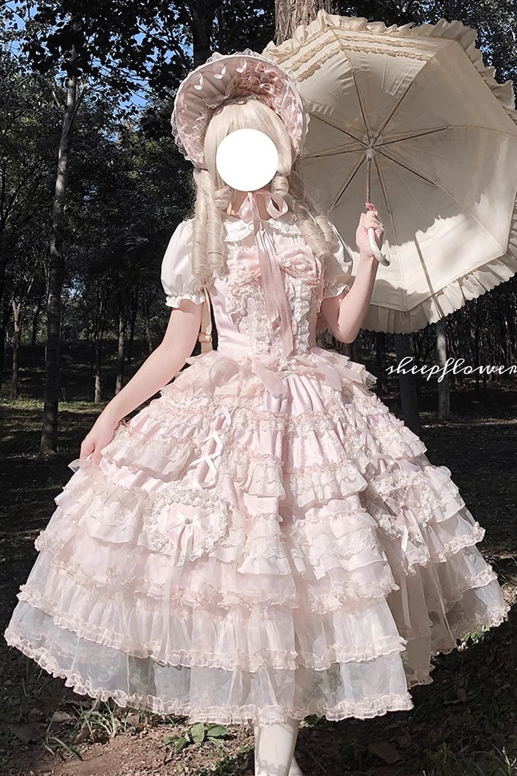 Rosy Ruffle Cascade Bow Embellished Sweetheart Lolita Jumper Dress - Sweetheart Diary