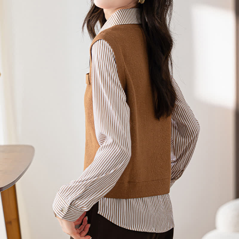 Stripe Print Knit Vest Lapel Shirt