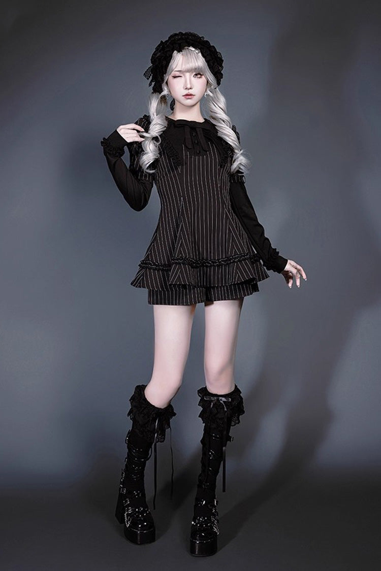 Black Long Sleeve Vertical Stripe Print Ruffled Bow Jirai Kei Witch Set