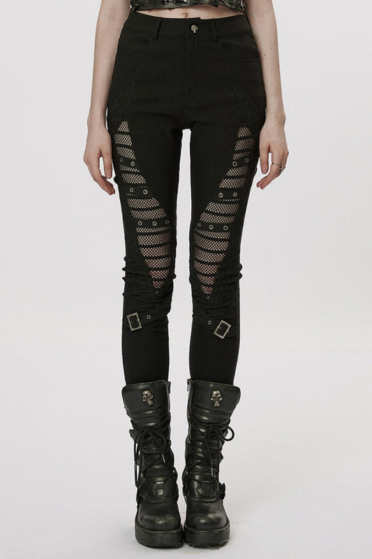 Gothic Leggings with Mesh Panels, Buckle Straps & Stitched Cutout Design