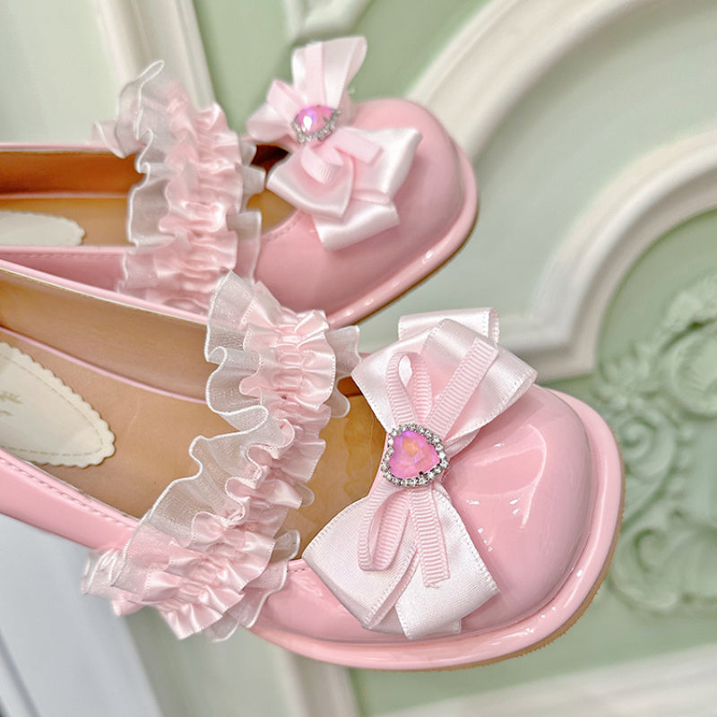 Sweet Peach Pink Bow Lace High Heels