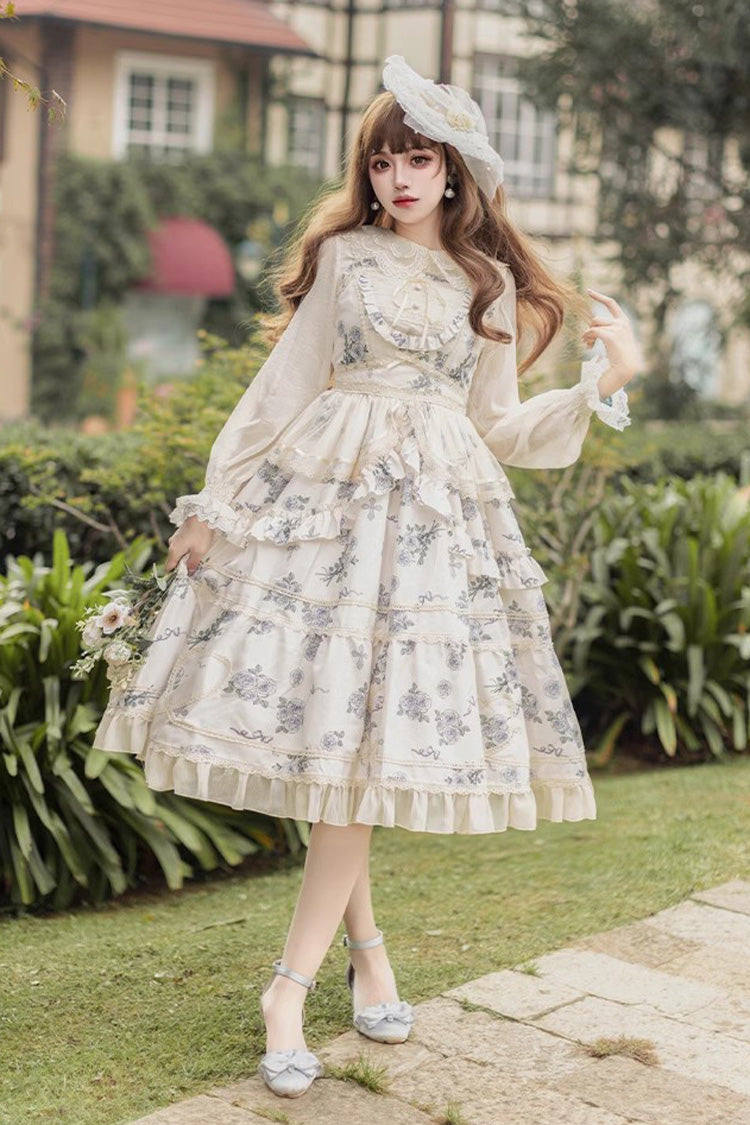 Rose Print Sweet JSK Dress with Puff Sleeves - Lolita