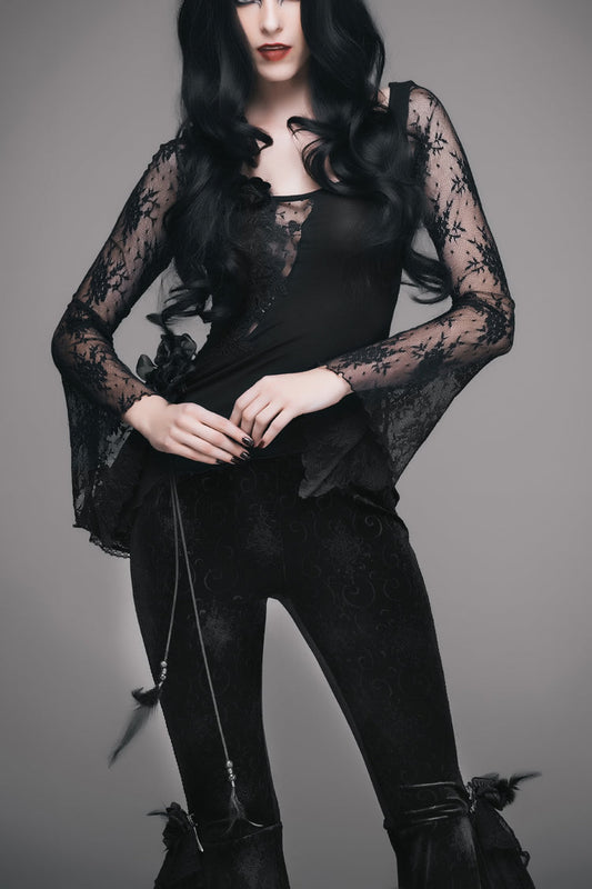 Women's Gothic T-Shirt in Black with Rose Decoration, Flare Sleeves & Irregular Lace Hem