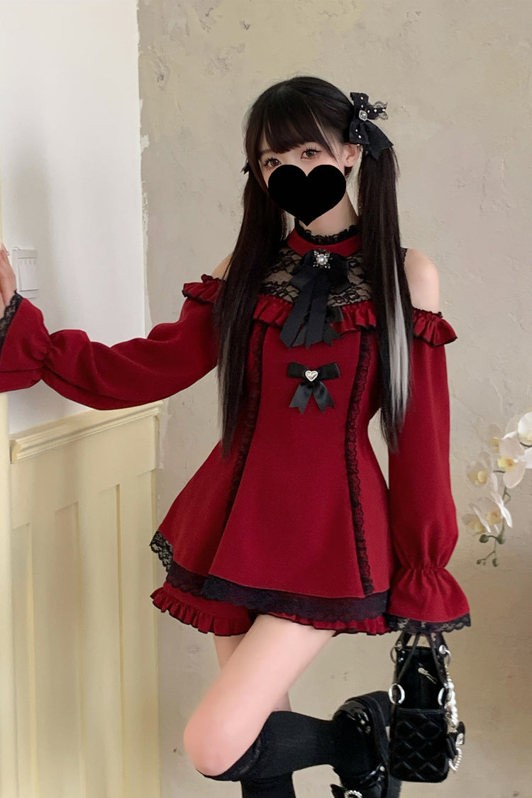 Sweet Off Shoulder Halterneck Long Sleeve Ruffled Bow Lace Jirai Kei Dress Shorts Set