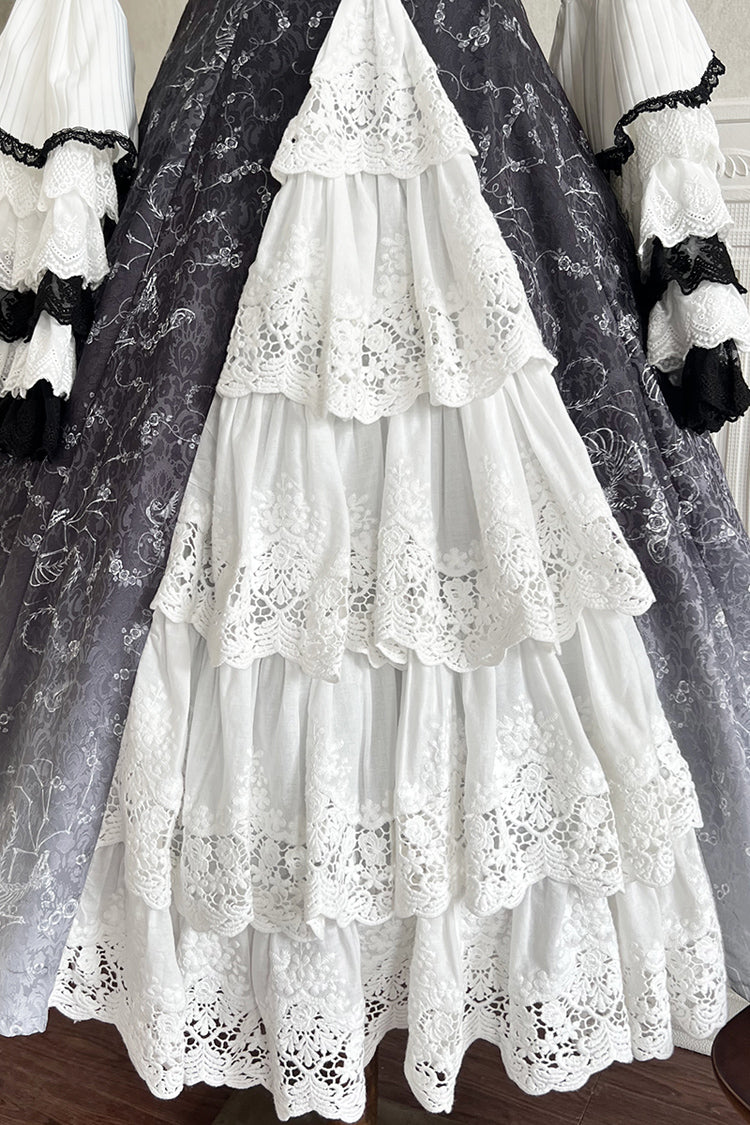 Monochrome Gothic Princess JSK with Bone Print, Ruffled Cardigan, and Lace