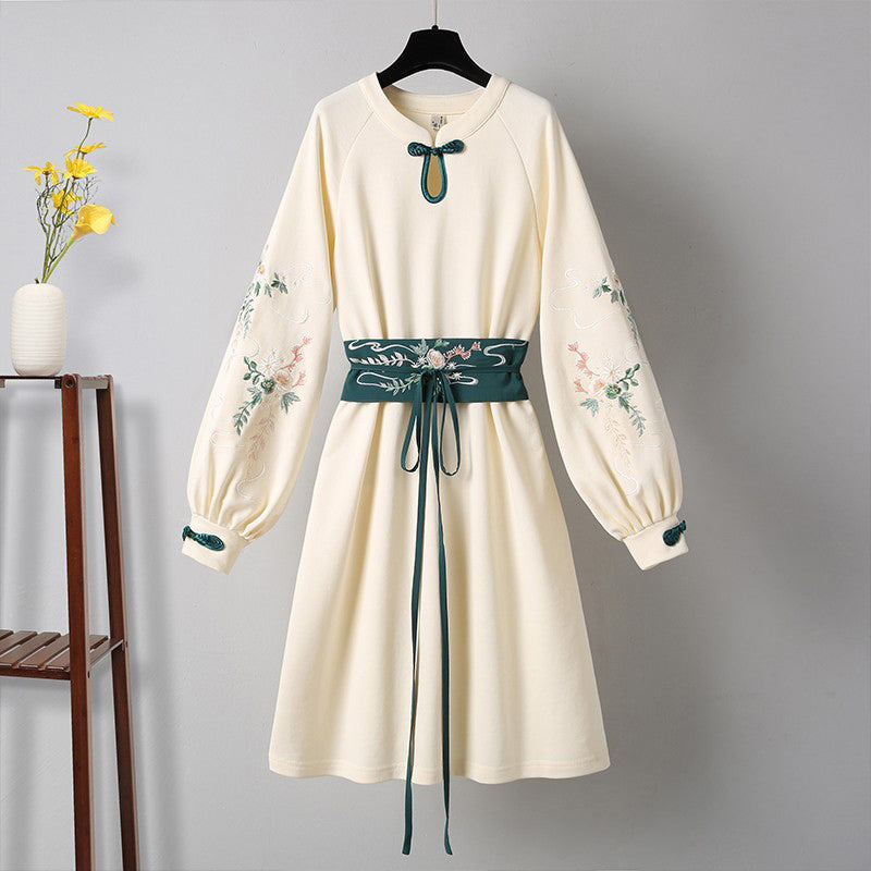 Vintage Crane Embroidery Plush Sweatshirt Dress