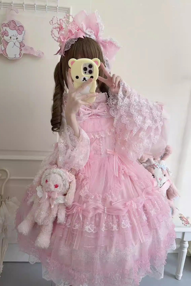 Rose Sugar Heart Knot Multi-Layered Bow Lace Lolita JSK
