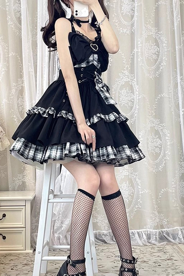 Monochrome Gothic JSK with Plaid, Leather Buckle, and Contrast Ruffles