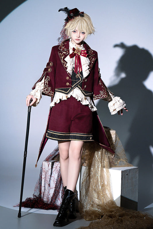 Crimson Royal Heir Embroidery Military Elegant Handsome Ouji Lolita Coat Blouse Shorts Set