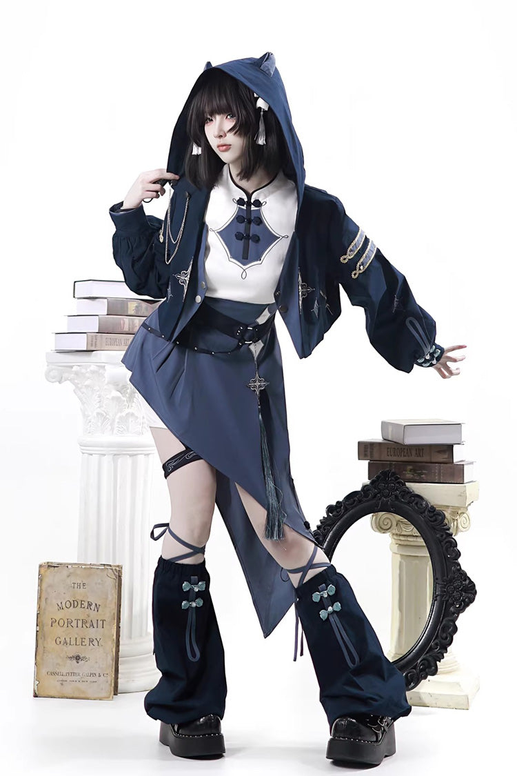 Stand Collar Long Sleeves Embroidered Hooded Asymmetric Punk Ouji Lolita Dress Four-Piece Set - Indigo Shadow Journey