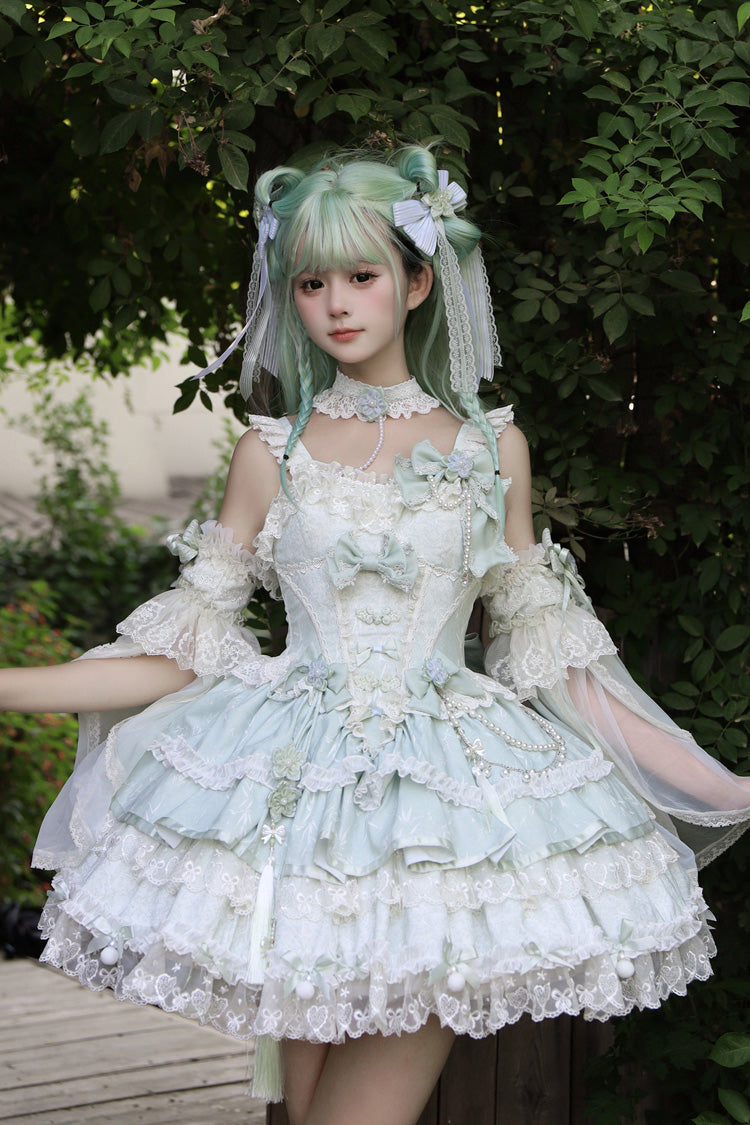 Green [Prelude of Spring Cherry] Square Collar Sleeveless Multi-Layered Jacquard Ruffled Bow Lace Pearl-Decorated Sweet Lolita Jsk Dress