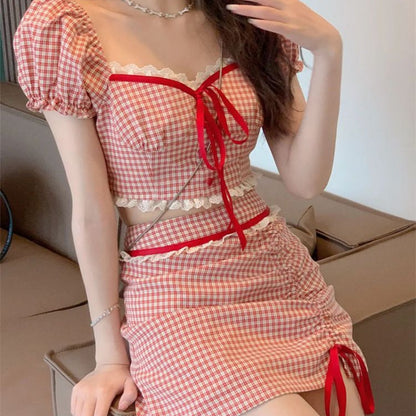 Cherry Plaid Summer Two Pieces Dress MK Kawaii Store