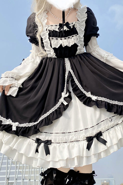 Monochrome Sweet Lolita OP Dress with Detachable Trumpet Sleeves and High Waist