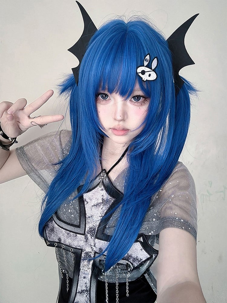 Bangs Length Straight 63CM Blue Full With Wig