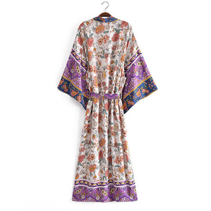 Boho Beach Print Belt Robe Long Cardigan Outerwear