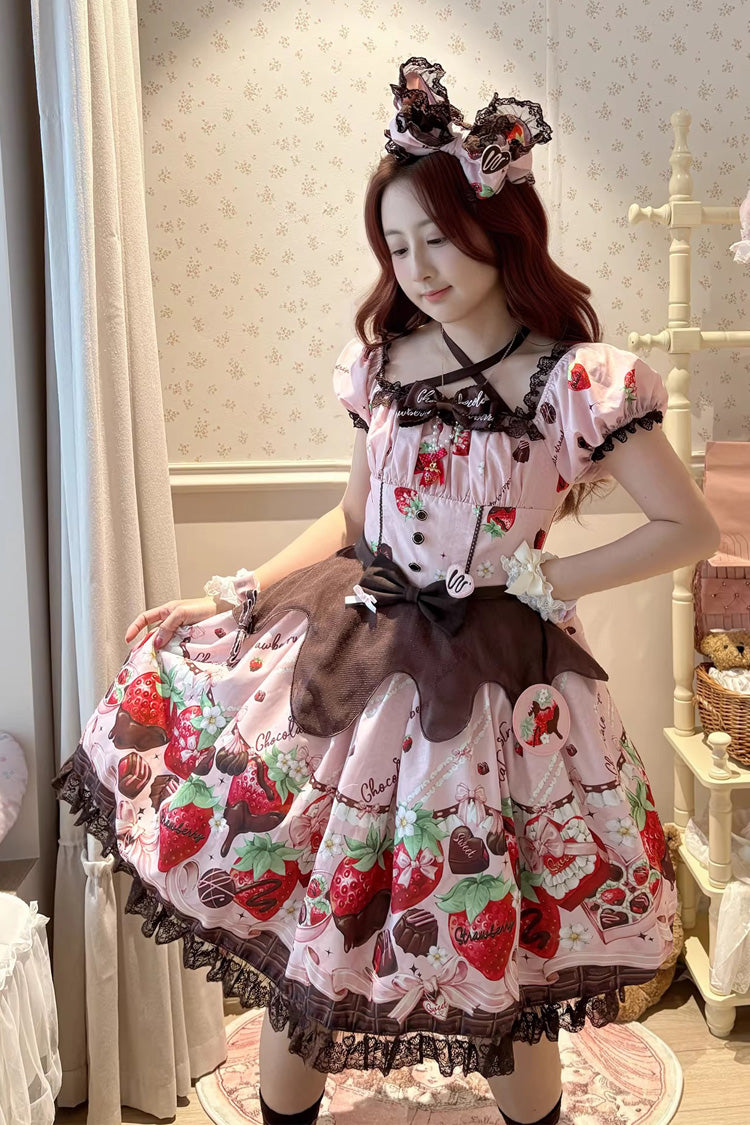 Square Collar Short Sleeves Printed Ruffled Bow Lace Sweet Lolita Dress - Strawberry Chocolate Lover