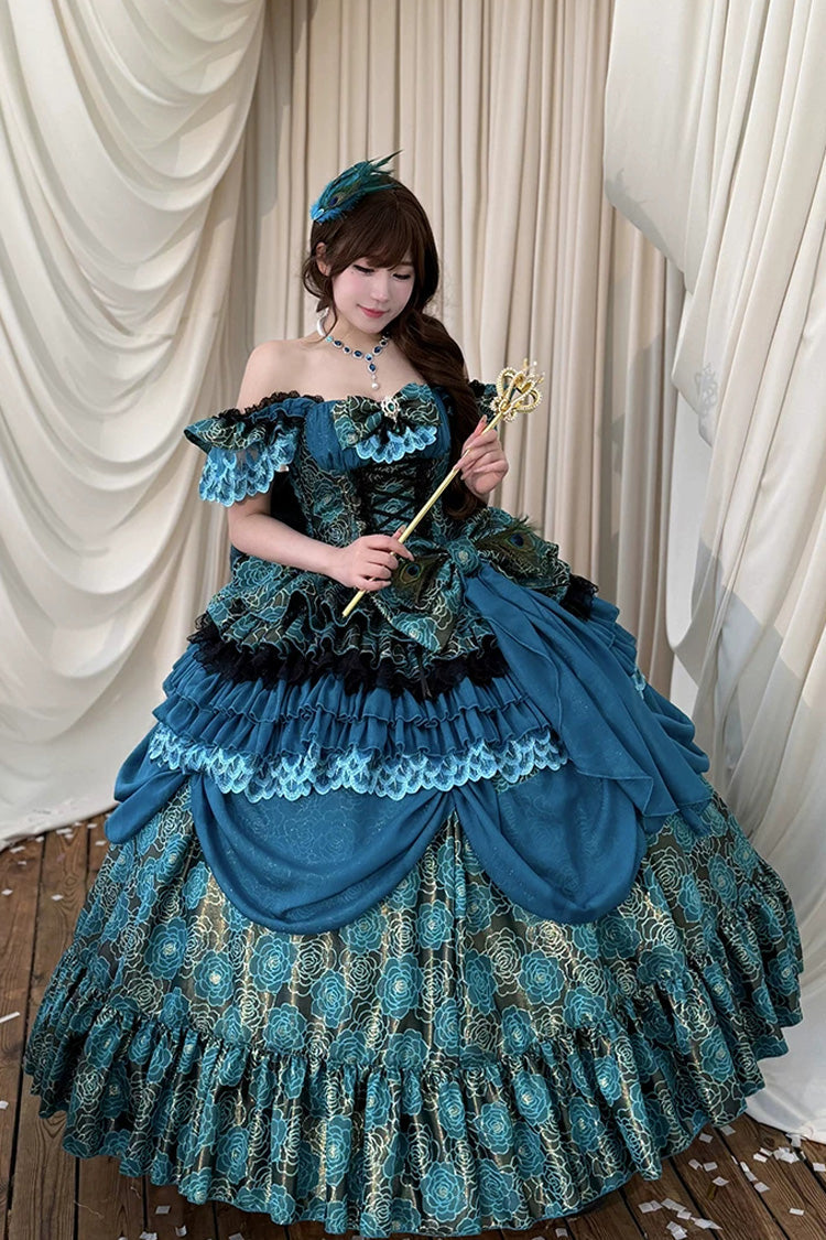 Blue/Green [Peacock Spirit Princess] Sleeveless Multi-Layered Ruffled Bow Lace-Up Classic Elegant Lolita Jsk Dress
