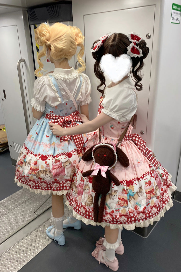 Strawberry Cake Kitty Sleeveless Printed Bow Lace Sweet Strap Dress