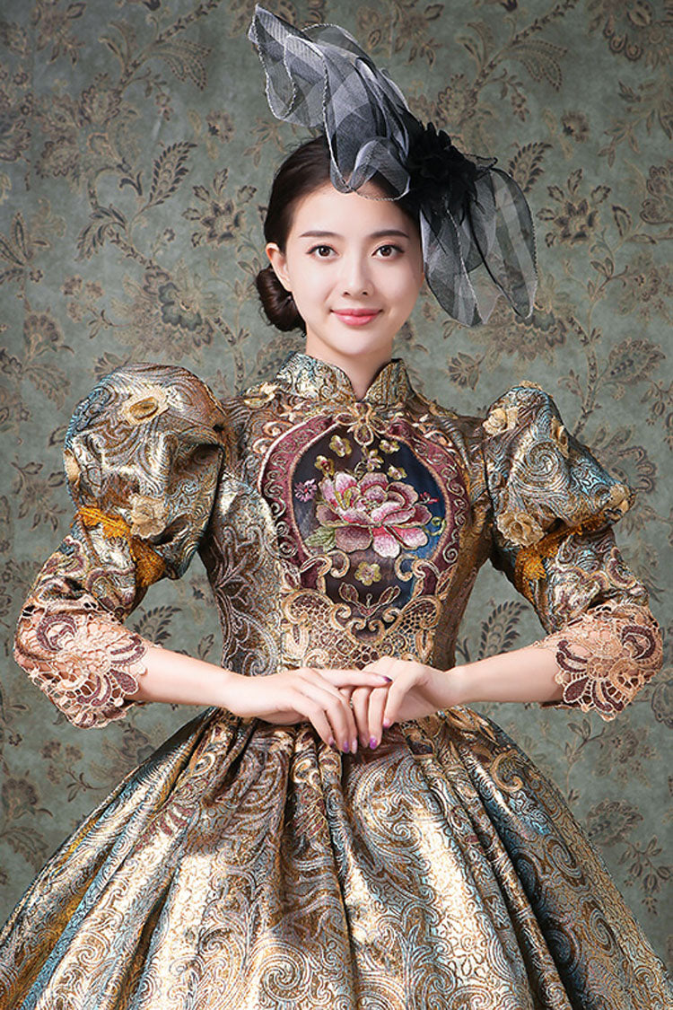 Champagne Hollow Floral Embroidery Victorian Gown - Half Sleeves